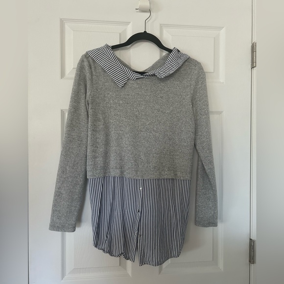 Faux Layered Top - Gray Sweater with Striped Dress Shirt - Picture 1 of 4